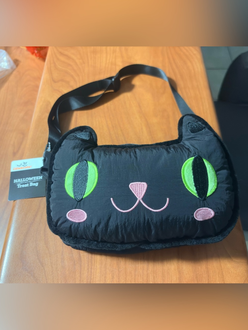 Black Cat Kids Halloween Treat Bag - Pink & Green Accents